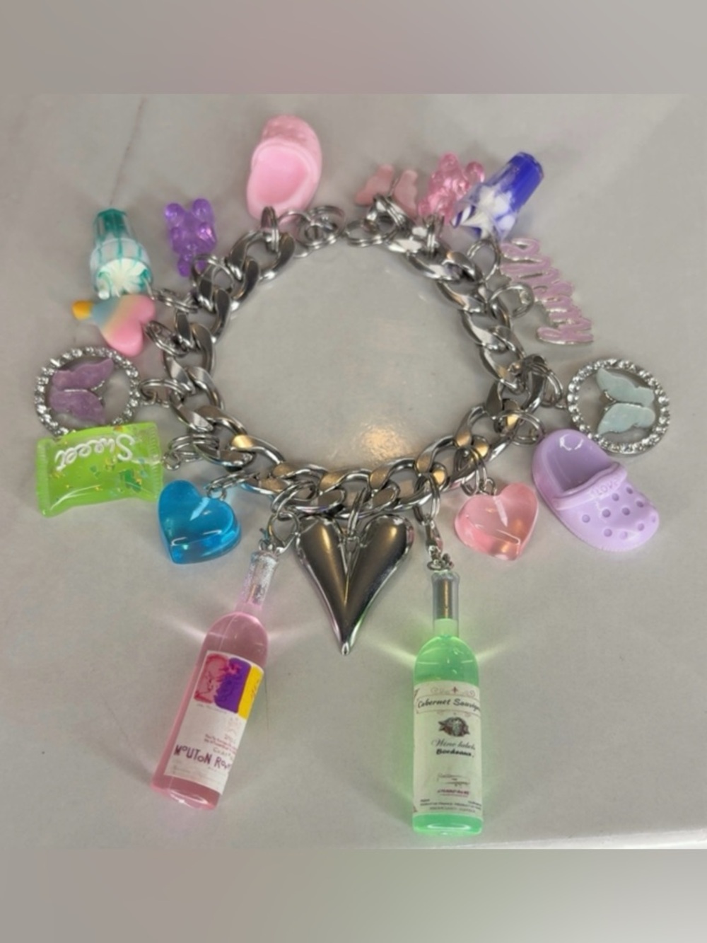 Stainless Steel Charm Bracelet with Pastel Heart, Butterfly & Bottle Charms